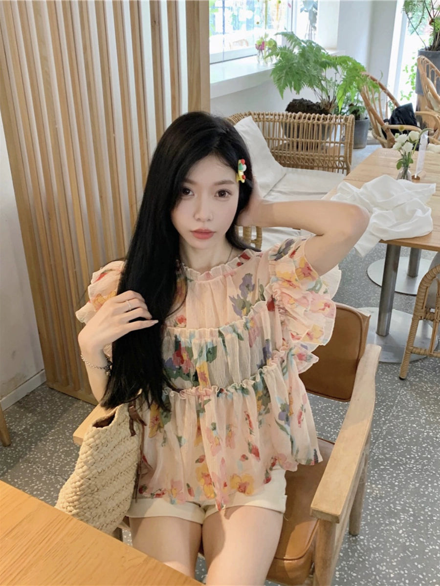 Chubby Girl plus Size 150.00kg Wooden Ear Patchwork Stylish Flying Sleeves Shirt Women's Slim Looking Chic Floral Top Summer