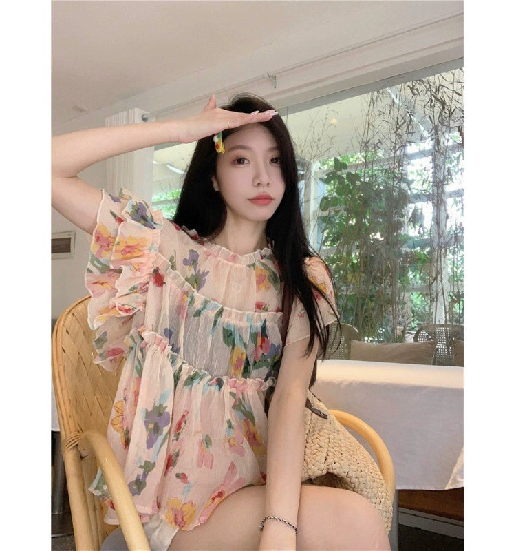 Chubby Girl plus Size 150.00kg Wooden Ear Patchwork Stylish Flying Sleeves Shirt Women's Slim Looking Chic Floral Top Summer