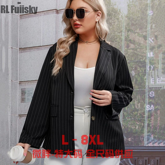 Spring and Summer Fat mm Thin Loose Vertical Stripe Suit Jacket